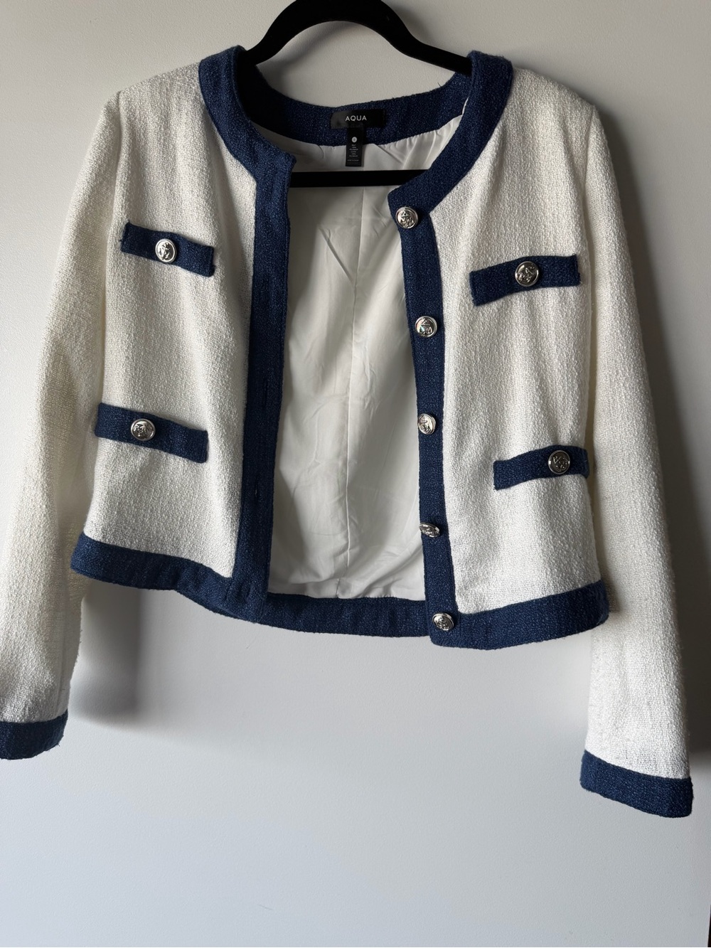 Aqua Navy Trim White Cropped Tweed Jacket